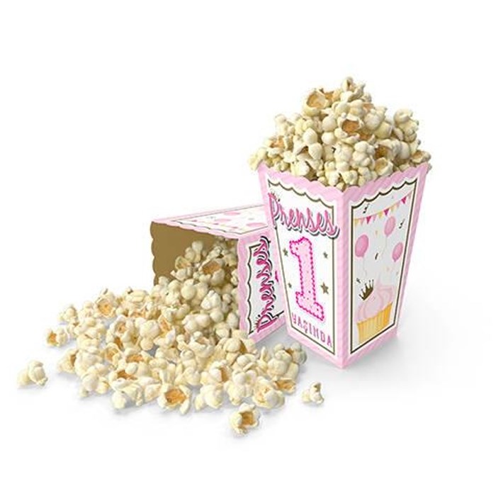Prenses Kız 1 Yaş Yazılı Pembe Mısır Popcorn Kutusu 5’li