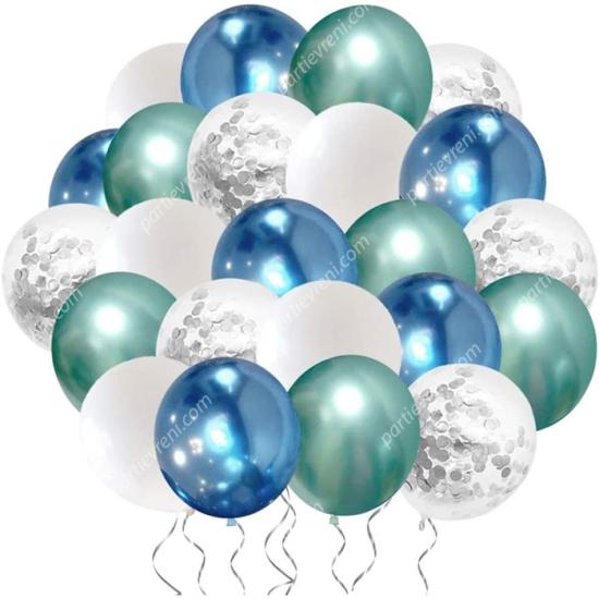 Konfetili Balon Seti Yeşil Mavi Krom Beyaz Gümüş 20 Adet