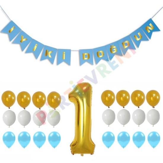 Doğum Günü Konsepti Balonlu Mavi Set Yaş Seçenekli