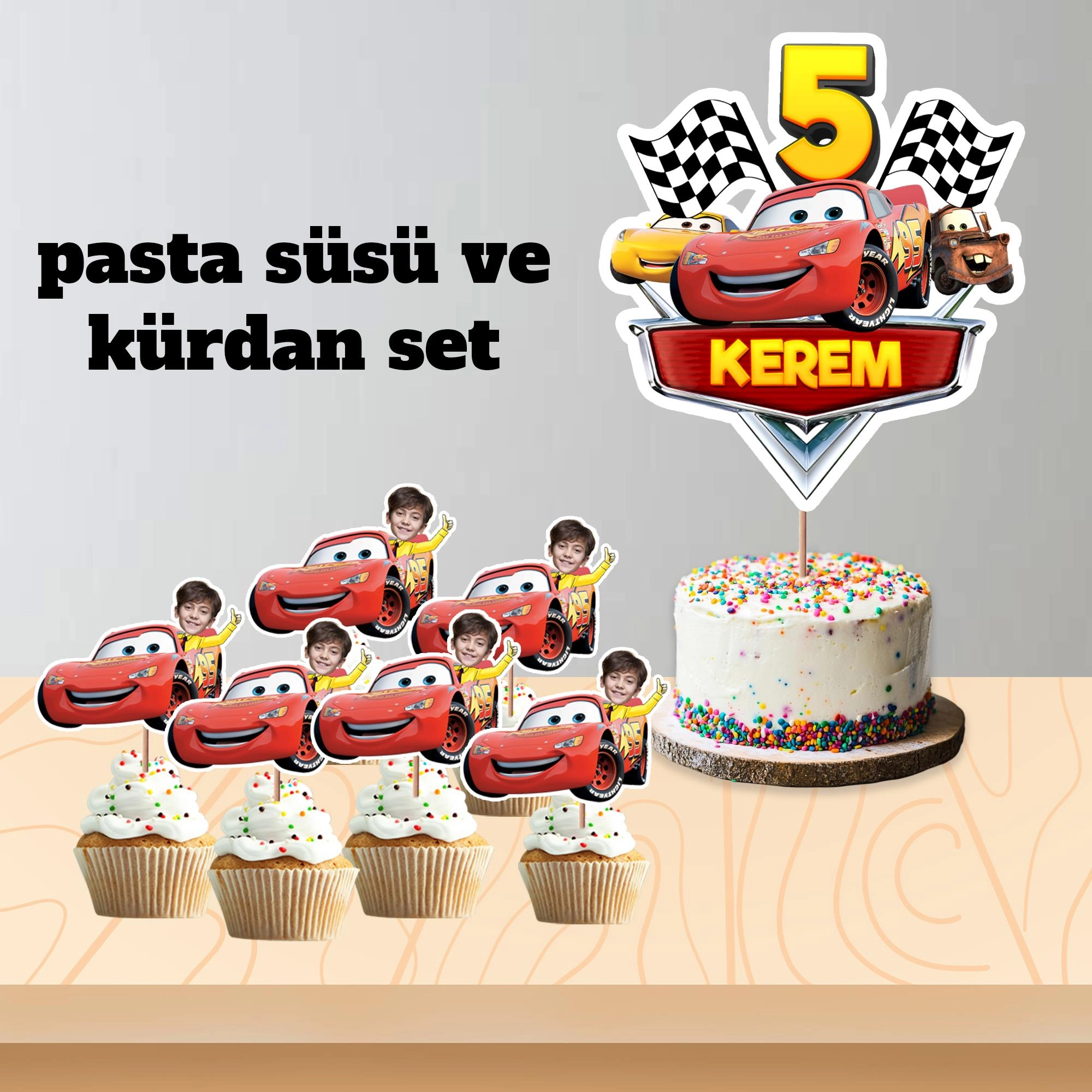 Kişiye Özel  Arabalar Cars Temalı Pano ve Pasta Süsü Seti