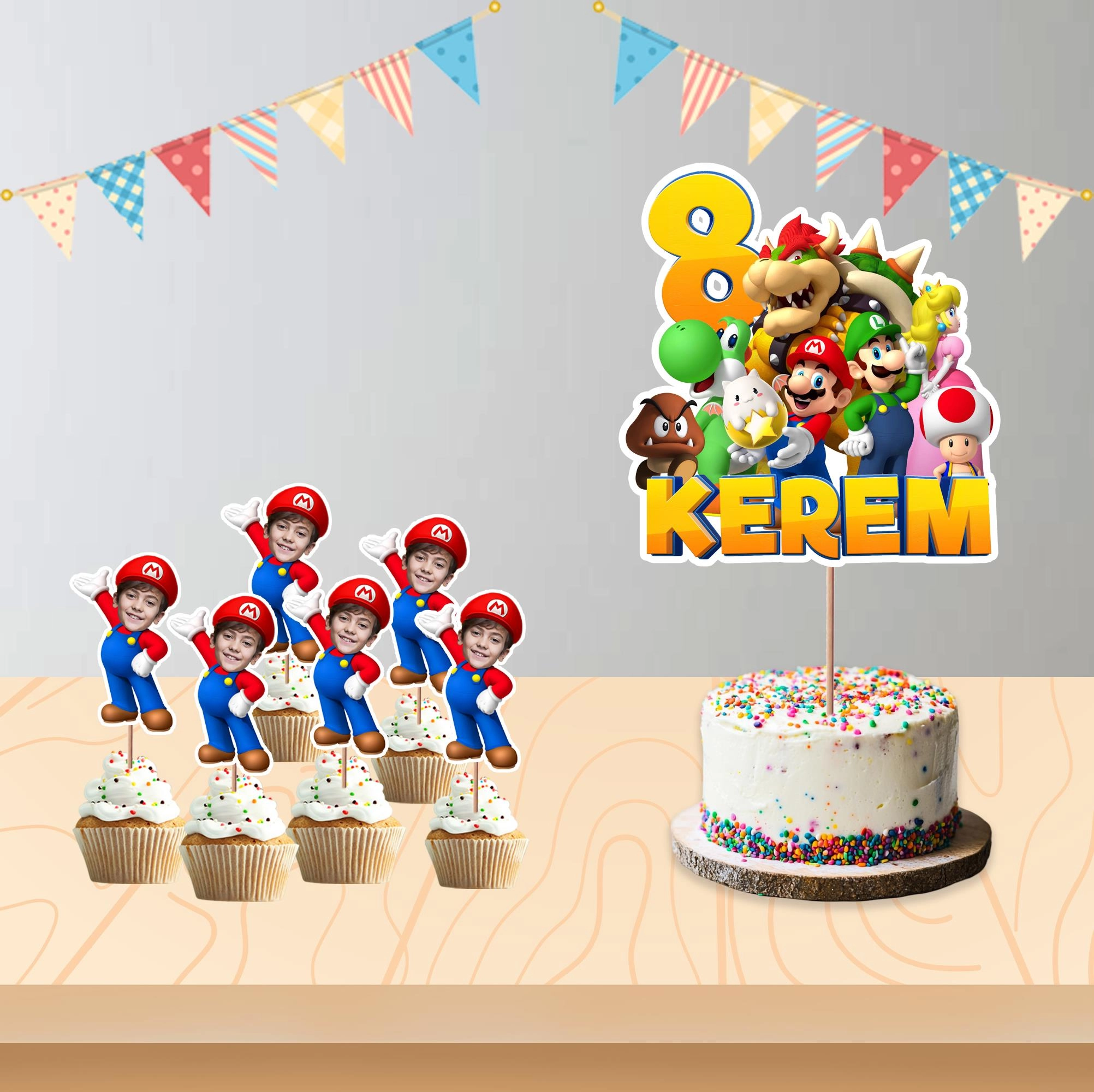 Kişiye Özel Super Mario Temalı Pano ve Pasta Süsü Seti