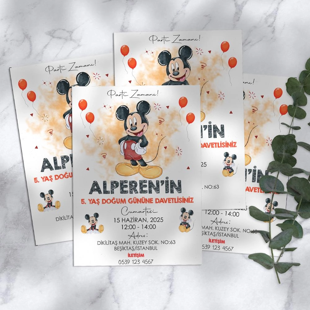Mickey Mouse Temalı Doğum Günü Davetiyesi 8’li