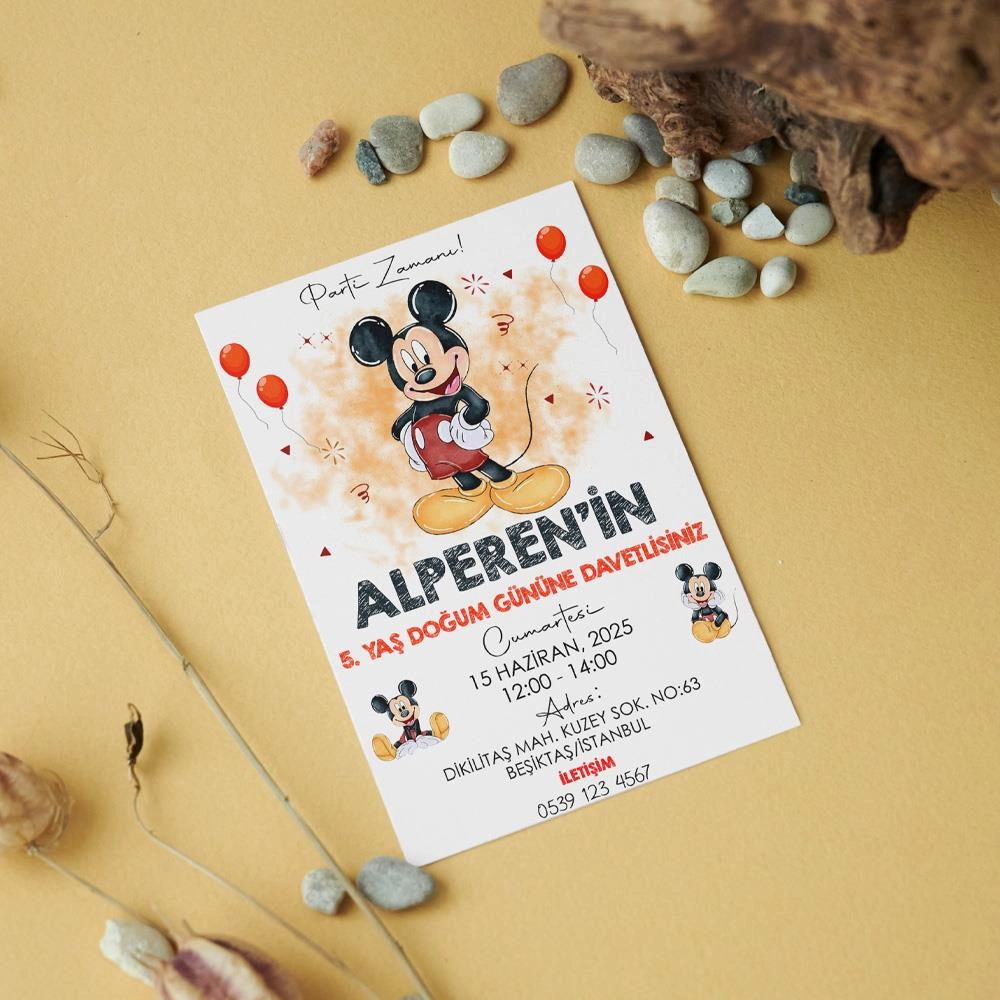 Mickey Mouse Temalı Doğum Günü Davetiyesi 8’li