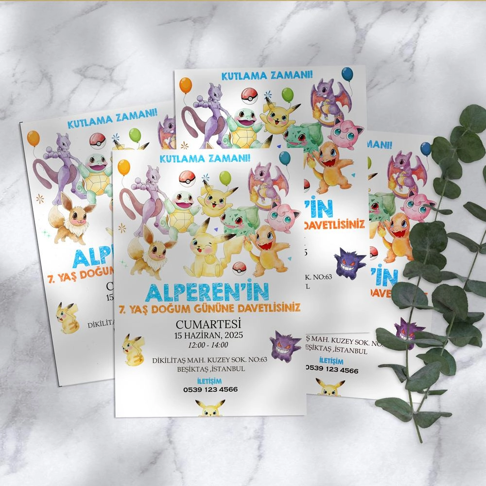 Pokemon Temalı Doğum Günü Davetiyesi 8’li