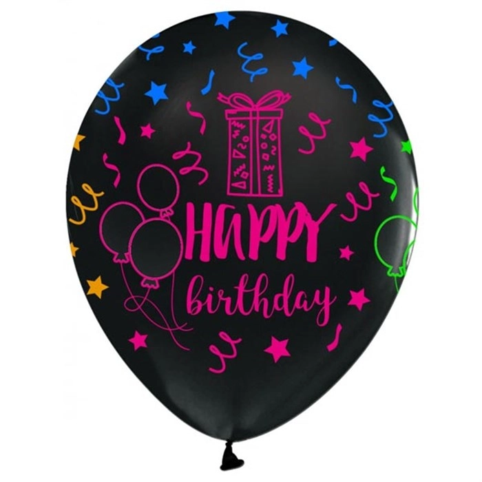 Happy Birthday Baskılı Renkli Siyah Balon 5 Adet