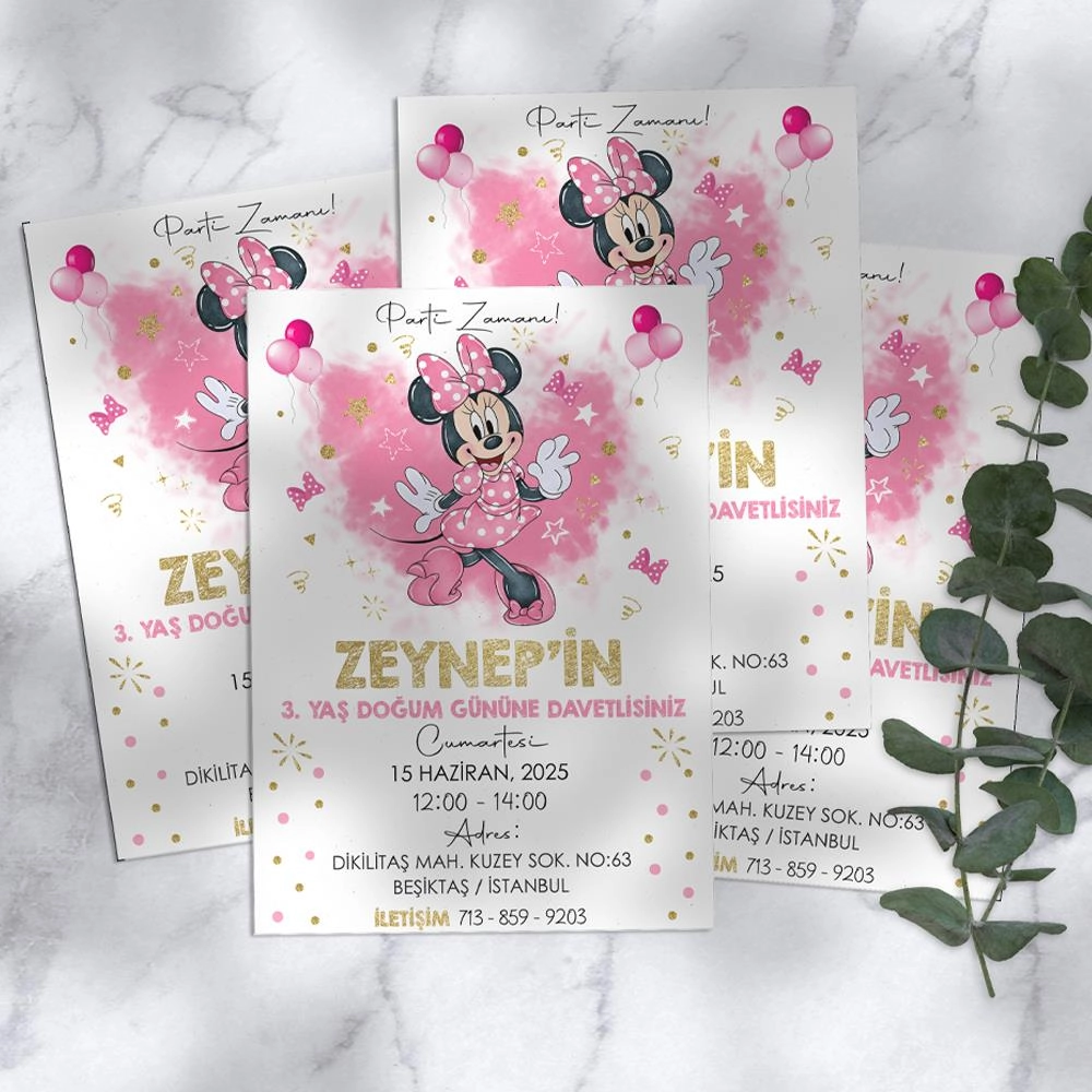 Minnie Mouse Temalı Doğum Günü Davetiyesi 8’li