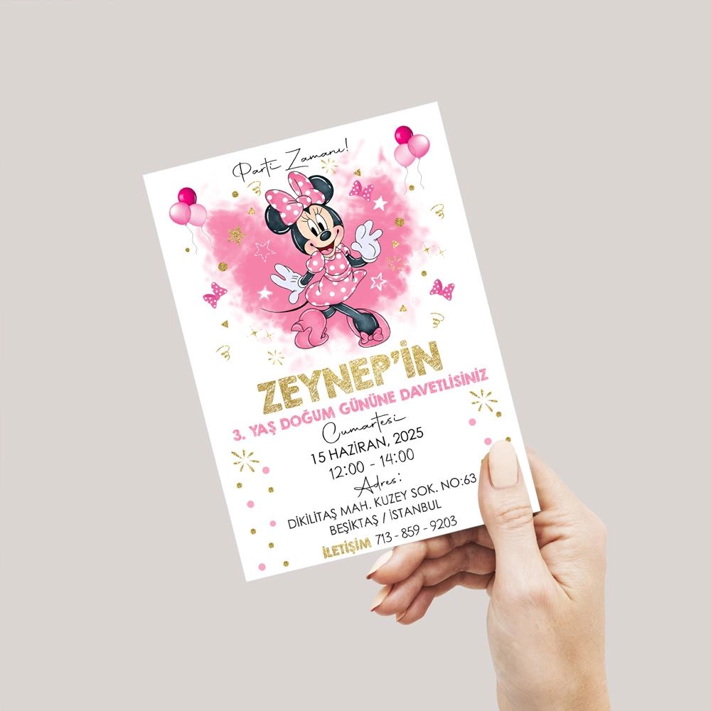 Minnie Mouse Temalı Doğum Günü Davetiyesi 8’li