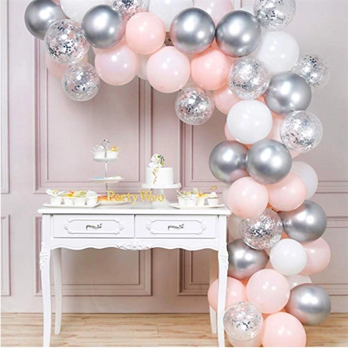 Pastel Pembe Beyaz Gümüş Krom Konfetili Balon Zincir Seti