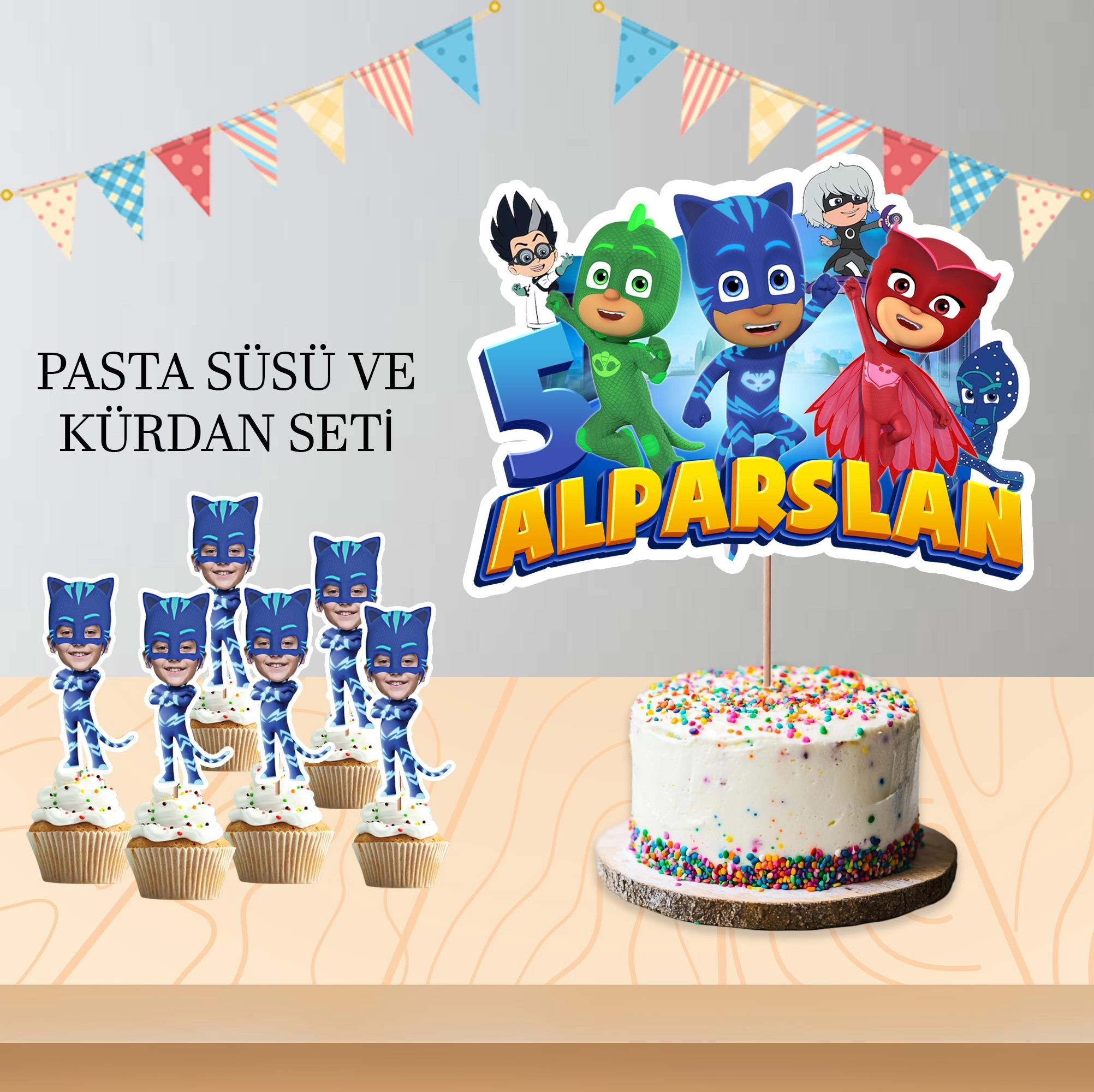 Kişiye Özel Pj Masks Temalı Pano ve Pasta Süsü Seti