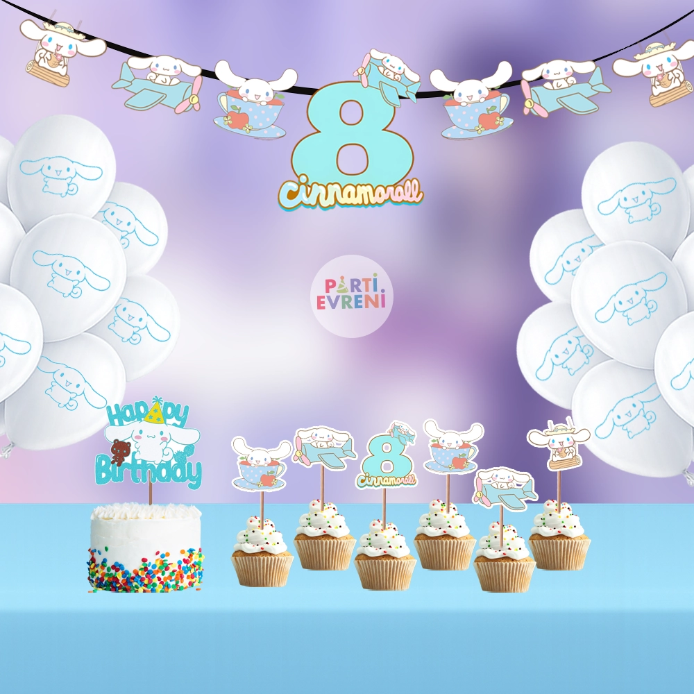 Cinnamoroll Doğum Günü Seti | Yaş Seçenekli Afiş, Pasta Süsü Seti, Balon