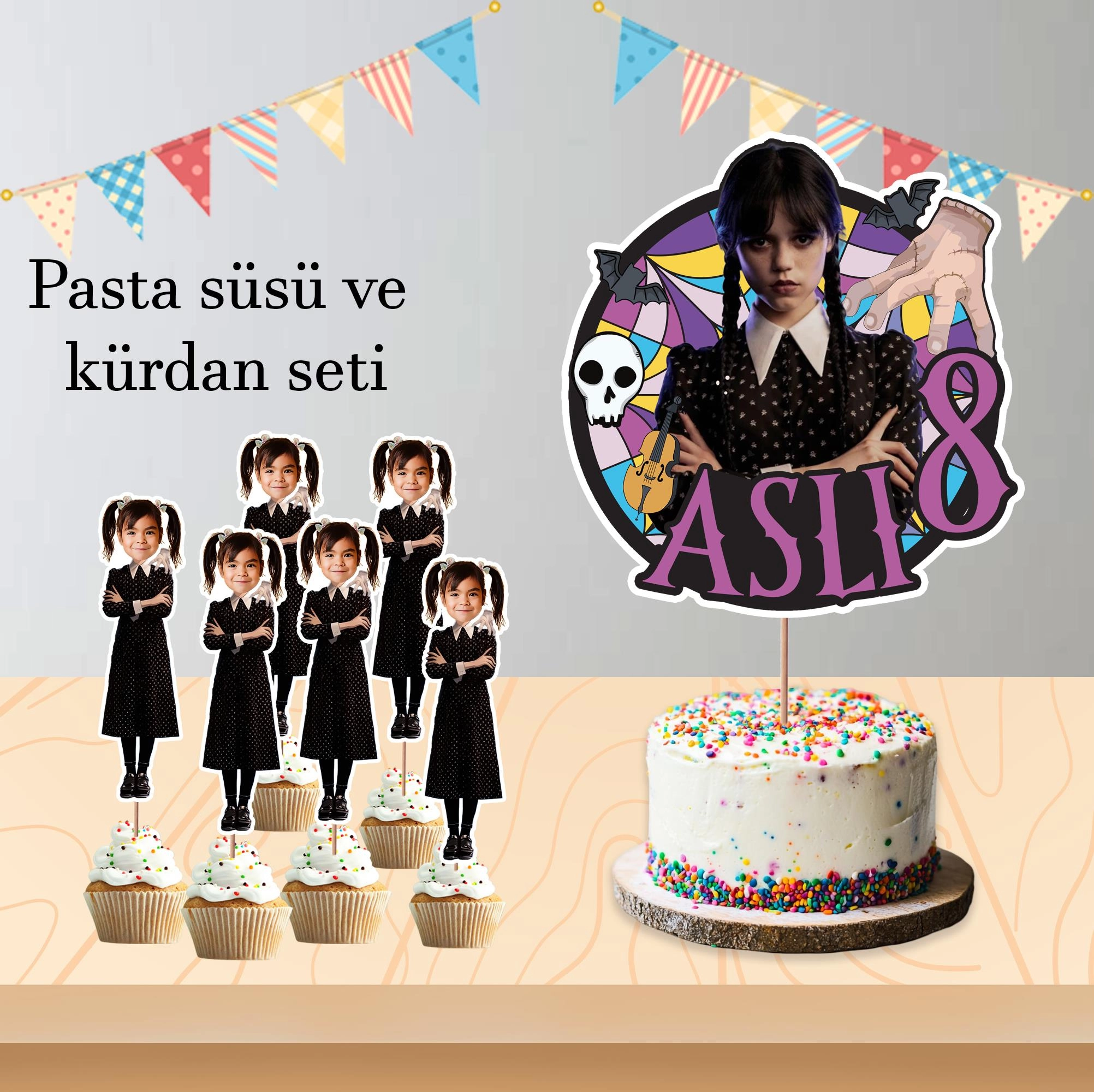 Kişiye Özel Wednesday Temalı Pano ve Pasta Süsü Seti