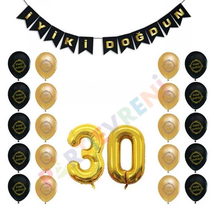 30 Yaş Siyah Altın Balon Seti