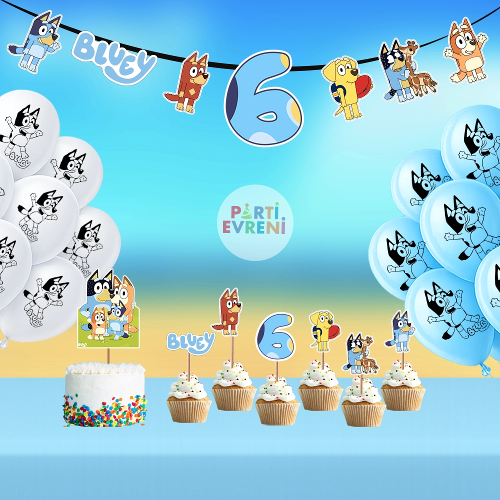 Bluey Doğum Günü Seti | Yaş Seçenekli Afiş, Pasta Süsü Seti, Balon