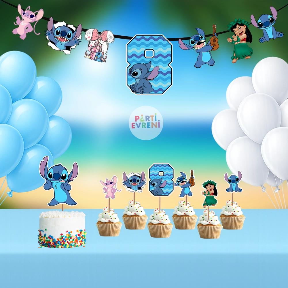 Stitch Doğum Günü Seti | Yaş Seçenekli Afiş, Pasta Süsü Seti, Balon