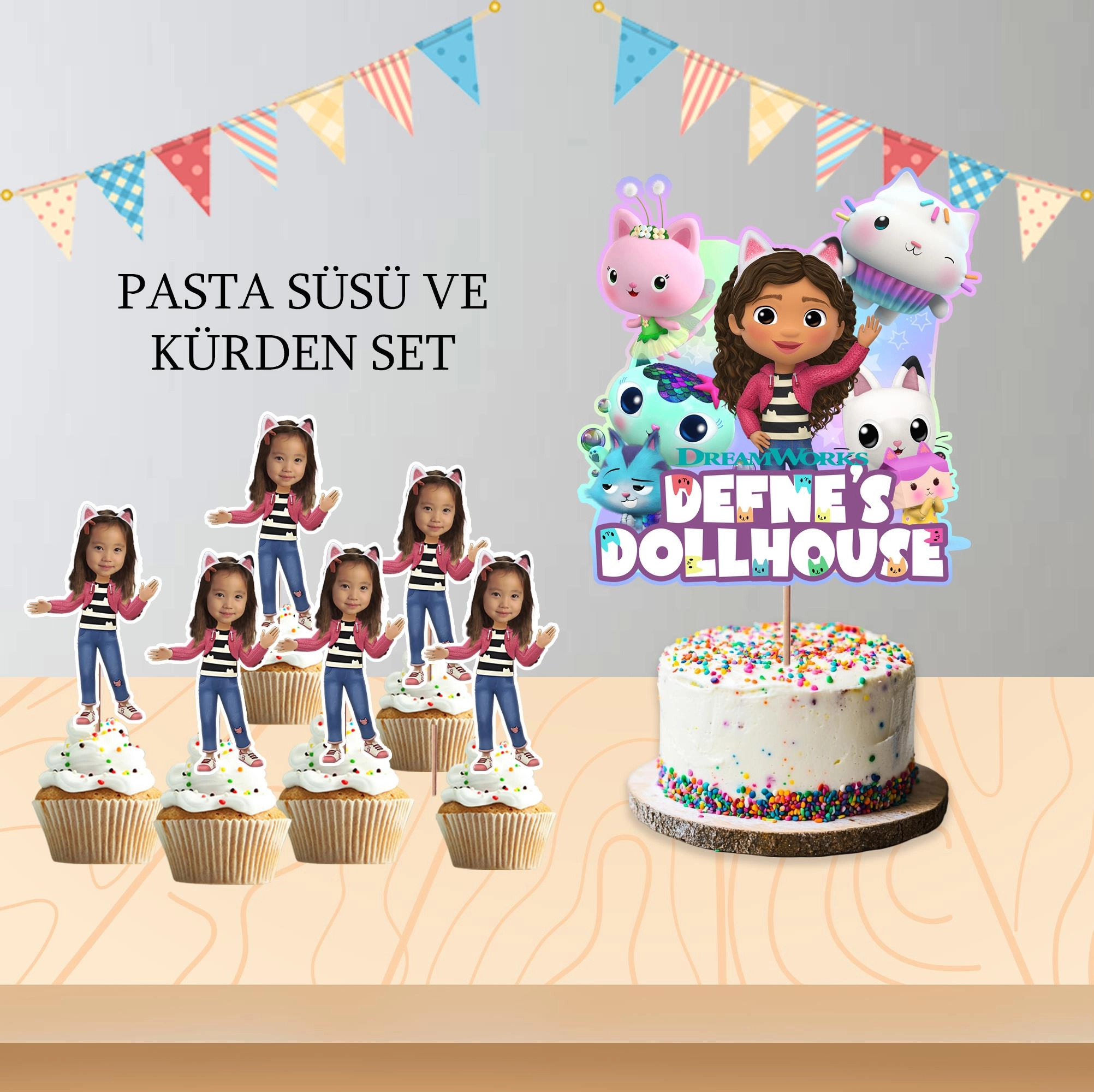 Kişiye Özel Gabby Oyuncak Evi  Temalı Pano ve Pasta Süsü Seti