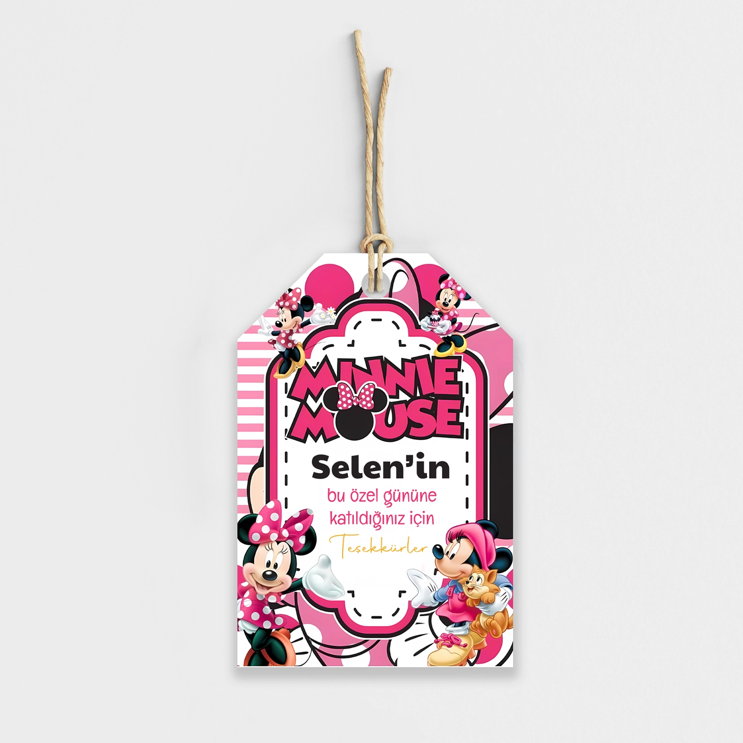 Minnie Mouse Pembe Temalı Kişiye Özel Teşekkür Kartı 8’li