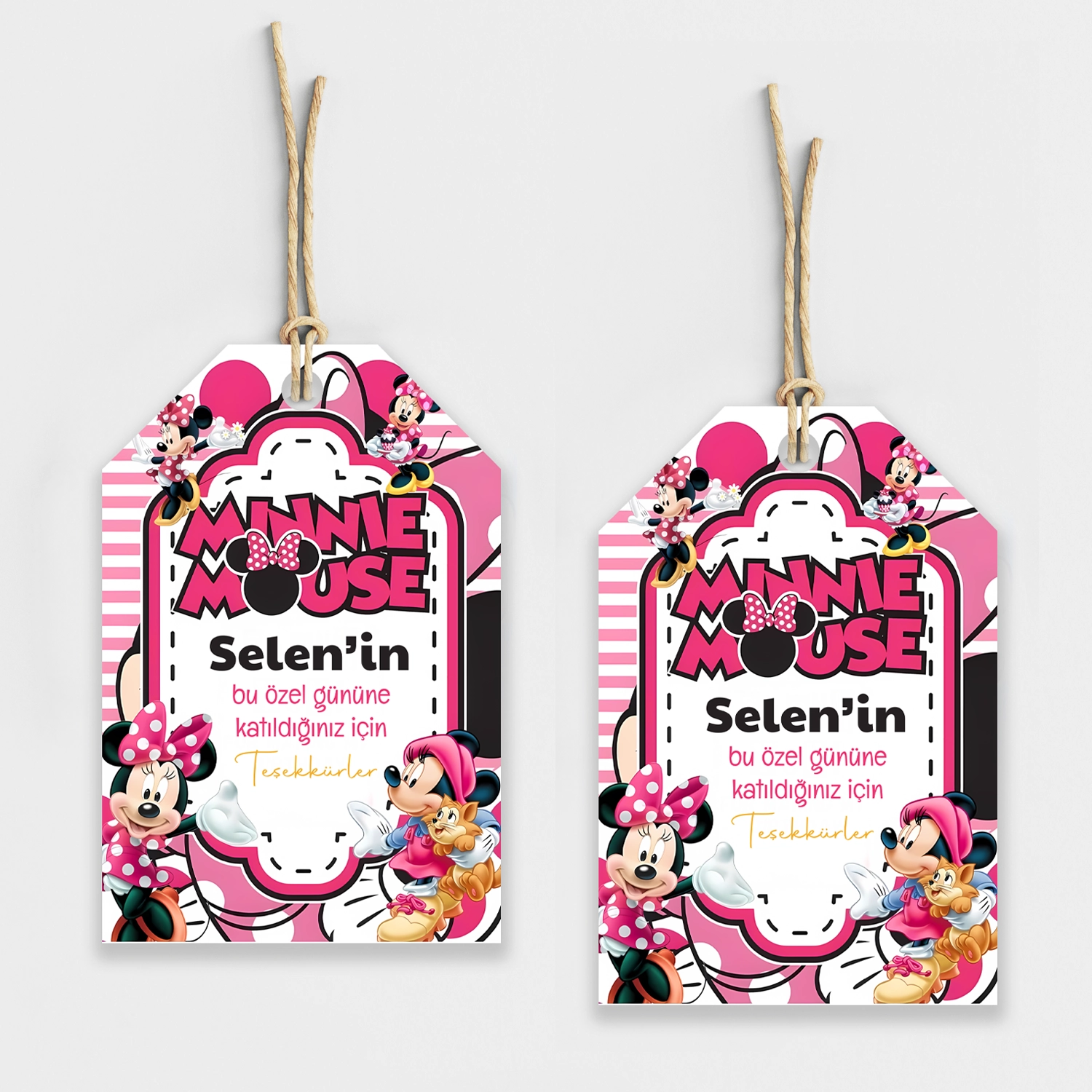 Minnie Mouse Pembe Temalı Kişiye Özel Teşekkür Kartı 8’li