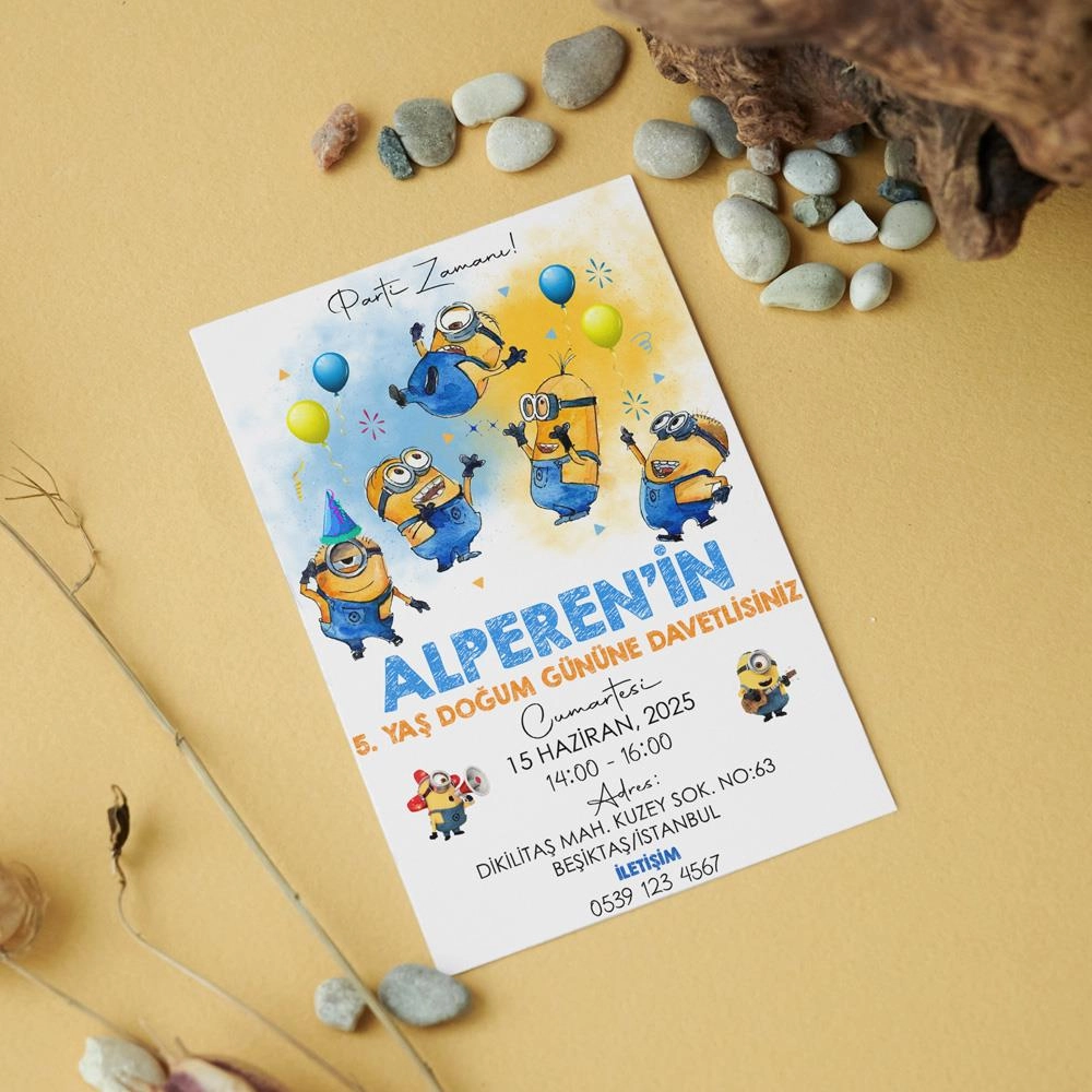 Minions Temalı Doğum Günü Davetiyesi 8’li