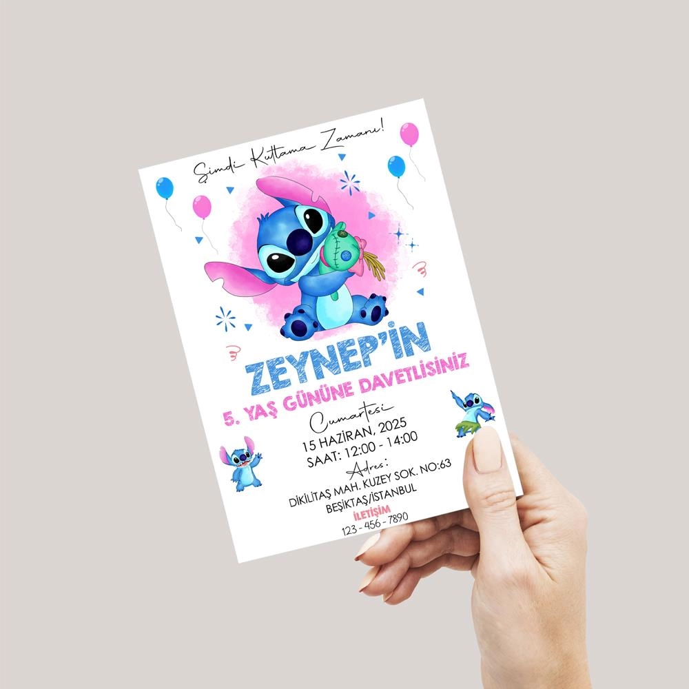 Stitch Temalı Doğum Günü Davetiyesi 8’li