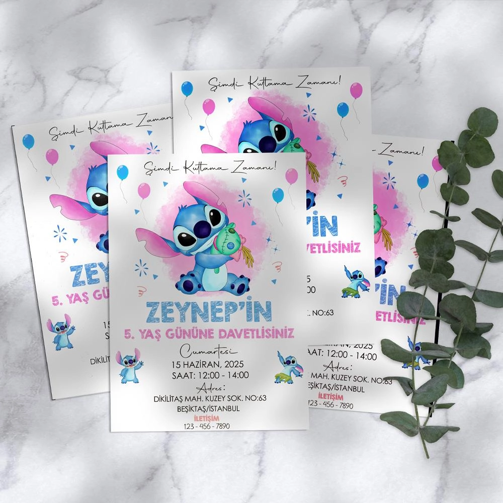 Stitch Temalı Doğum Günü Davetiyesi 8’li