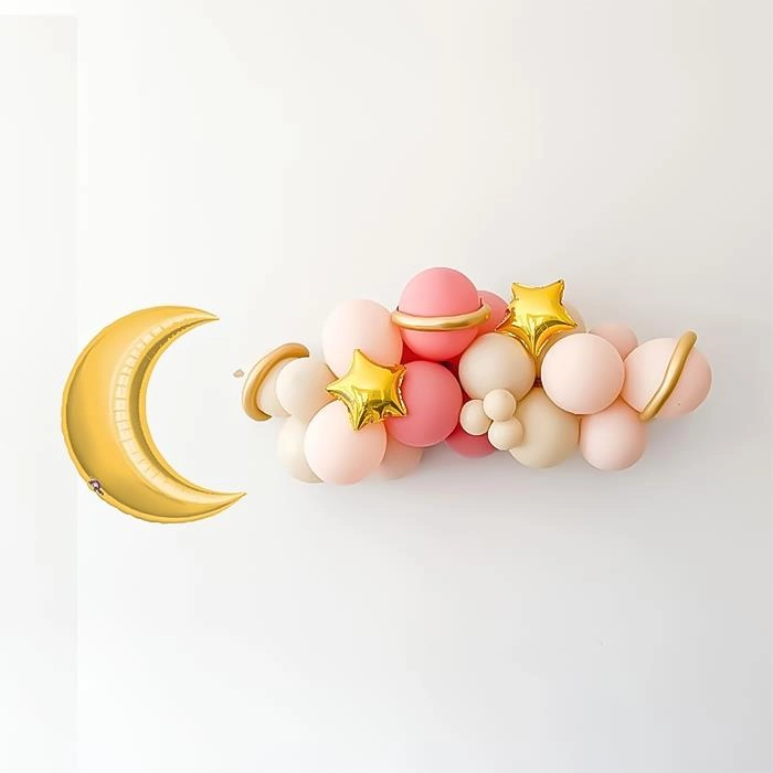 Makaron Pembe ve Açık Somon Balonlu Gold Ay Yıldız Temalı Balon Zincir Seti