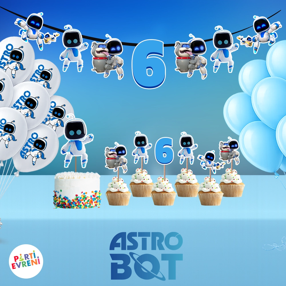 Astro Bot Doğum Günü Seti | Yaş Seçenekli Afiş, Pasta Süsü Seti, Balon