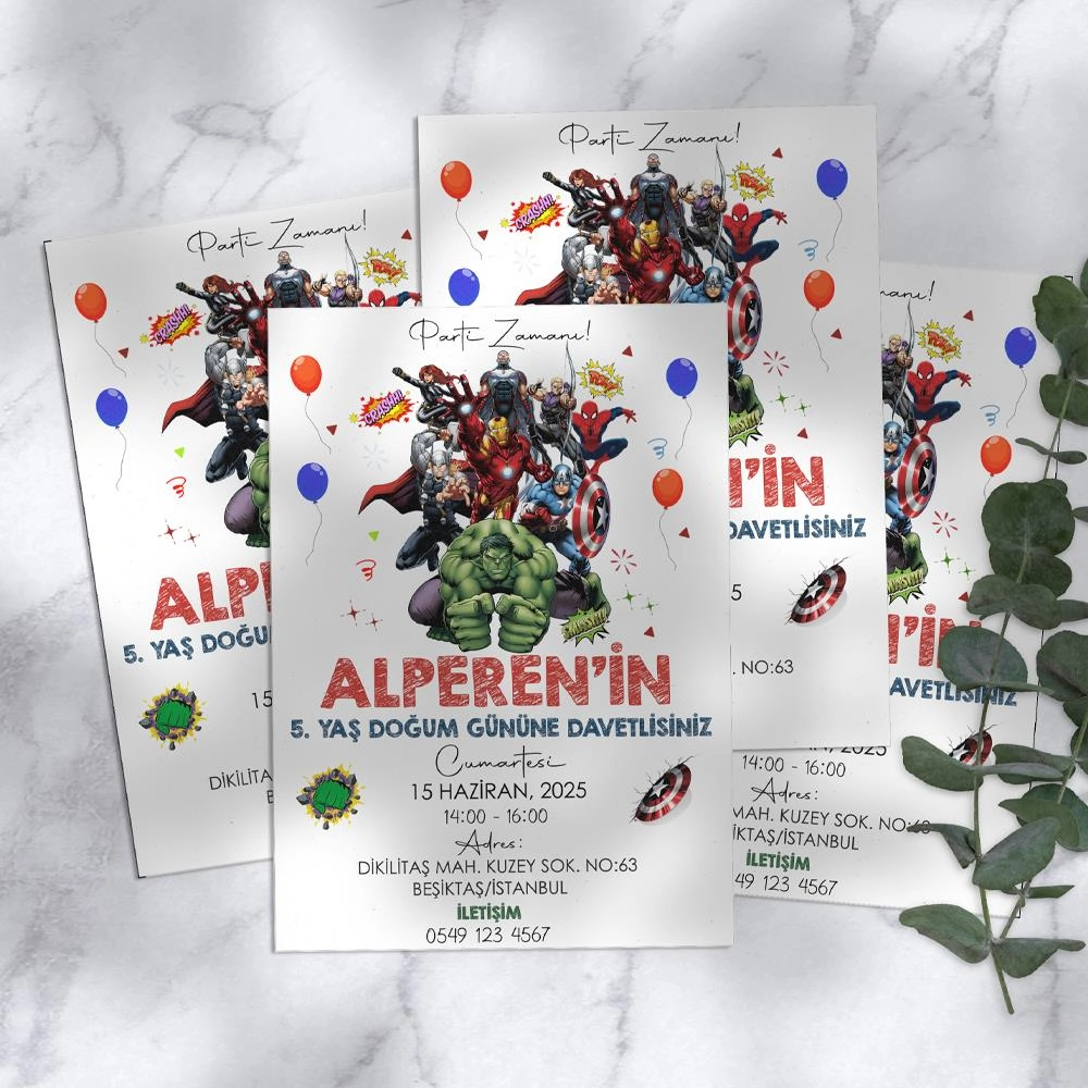 Avengers Temalı Doğum Günü Davetiyesi 8’li