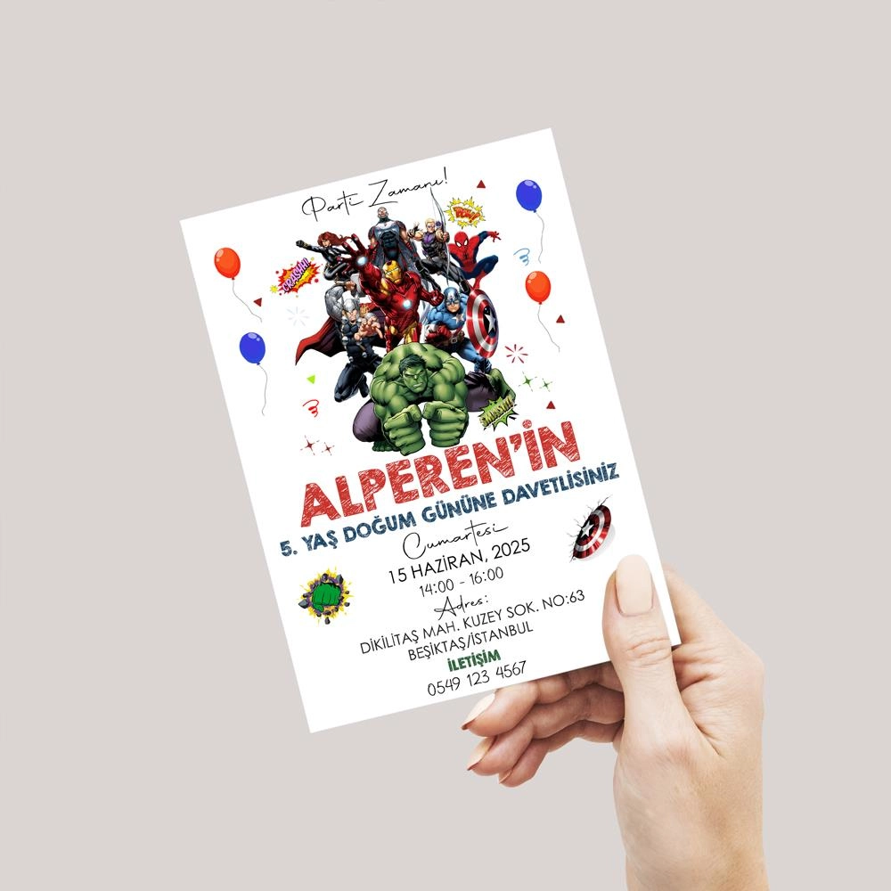 Avengers Temalı Doğum Günü Davetiyesi 8’li