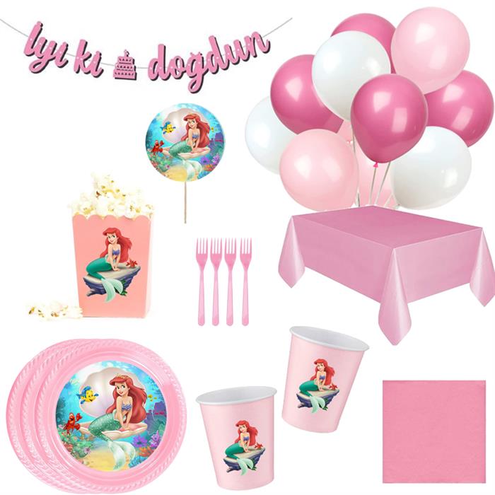 Ariel Deniz Kızı Temalı Eko Pembe Doğum Günü Seti 5 Kişilik