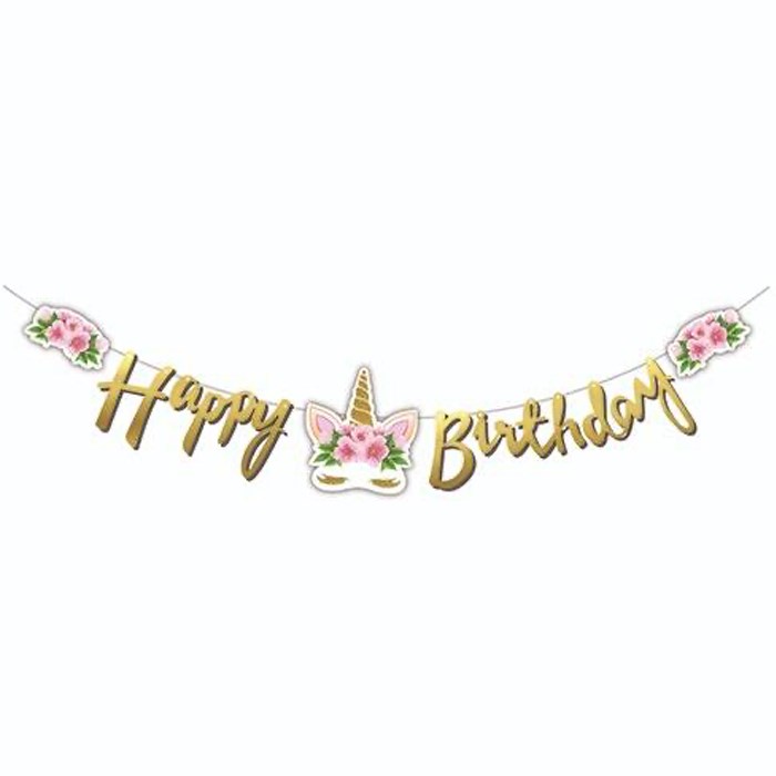 Gold Kaligrafi Unicorn Temalı Çiçekli Happy Birthday Banner