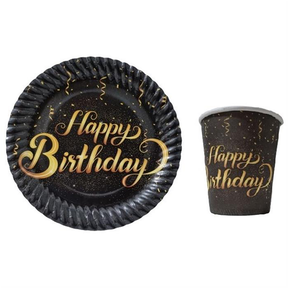 Gold Işıltılı Siyah Happy Birthday Temalı Tabak Bardak Seti 8 Adet