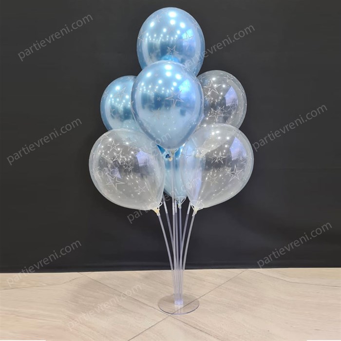 Ayaklı Balon Standı - Şeffaf Mavi Temalı Krom Yıldızlı