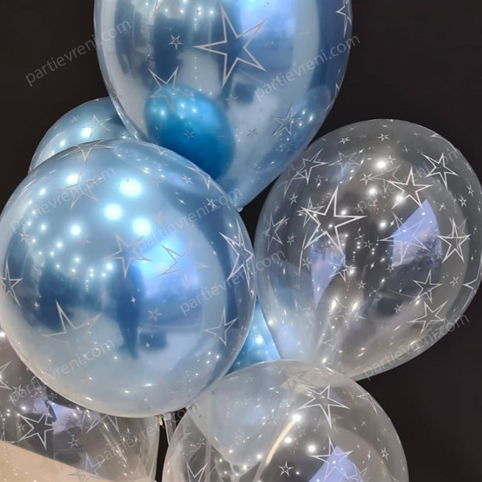 Ayaklı Balon Standı - Şeffaf Mavi Temalı Krom Yıldızlı