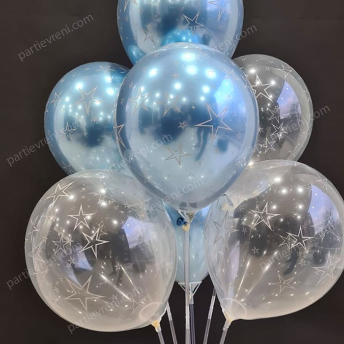 Ayaklı Balon Standı - Şeffaf Mavi Temalı Krom Yıldızlı