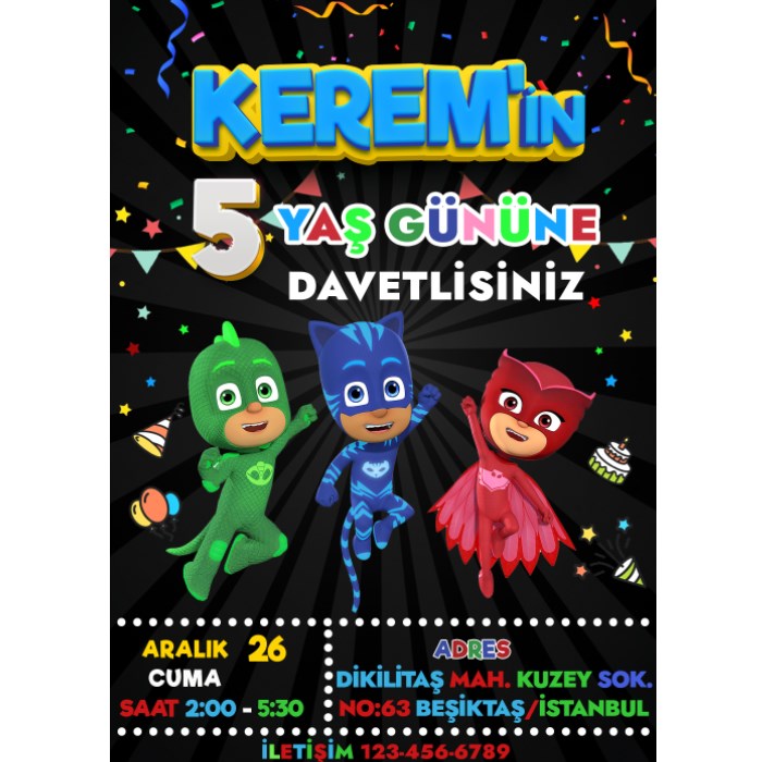 Pj Masks Konsepti Kişiye Özel Dijital Davetiye