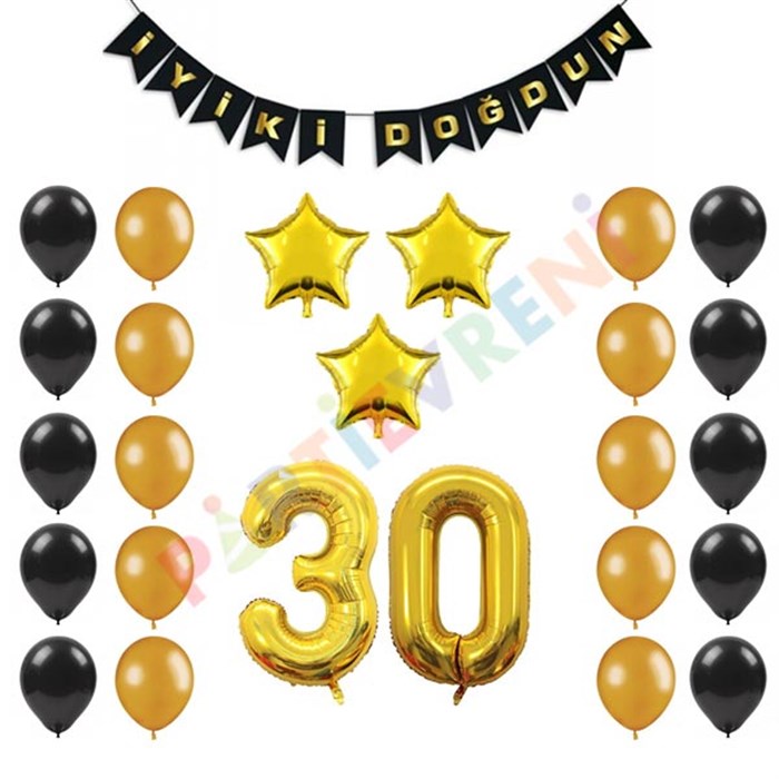 Siyah Gold 30 Yaş Yıldız Balon Seti