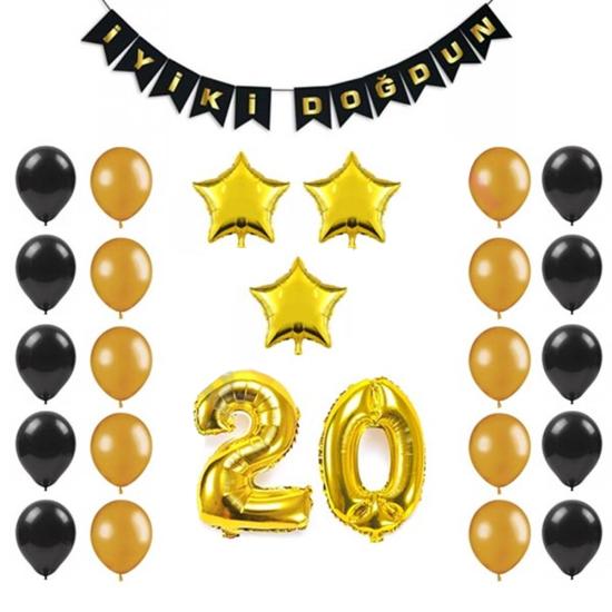 20 Yaş Siyah Altın Yıldız Balon Seti