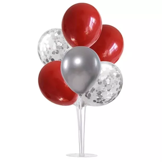 Ayaklı Balon Standı - Gümüş Konfetili Kırmızı