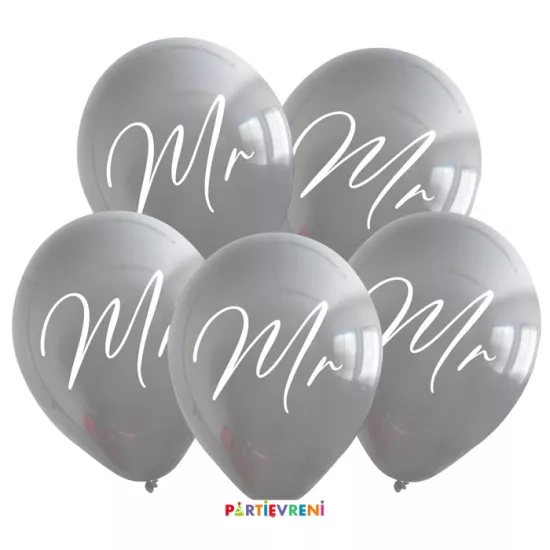 Mr & Mrs Baskılı Balon Gri ve Rose Gold - 10 Adet