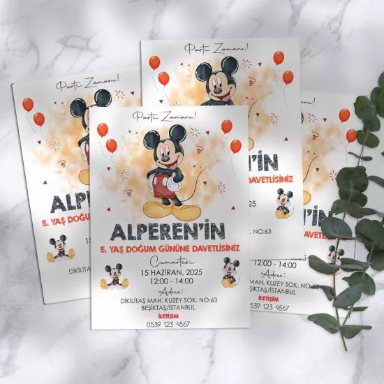 Mickey Mouse Temalı Doğum Günü Davetiyesi 8’li