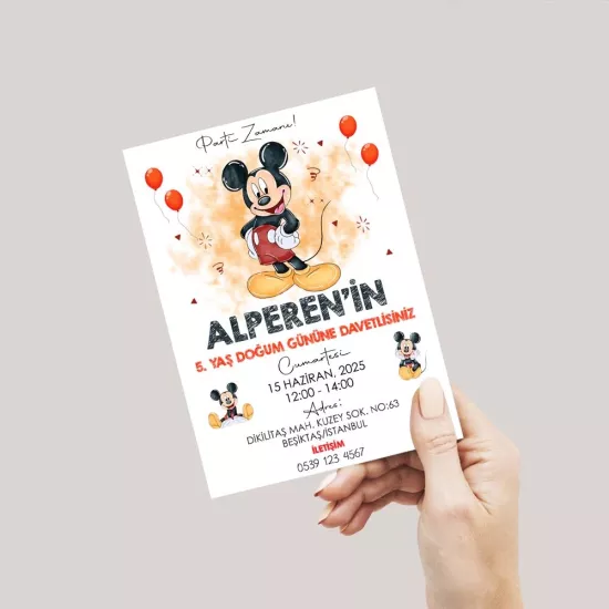 Mickey Mouse Temalı Doğum Günü Davetiyesi 8’li