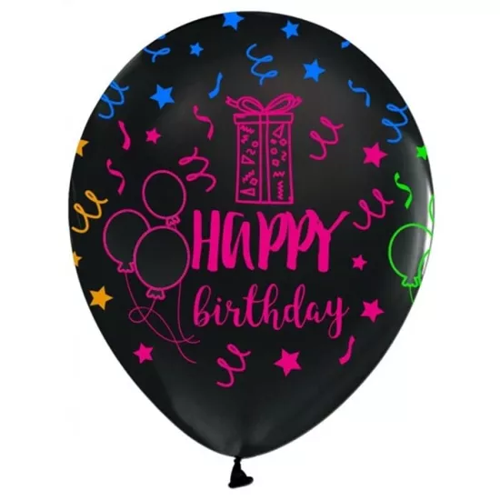 Happy Birthday Baskılı Renkli Siyah Balon 5 Adet
