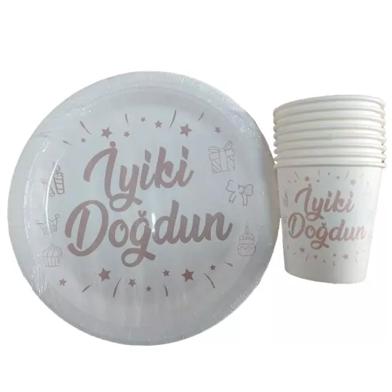 İyi ki Doğdun Temalı Beyaz Karton Tabak ve Bardak