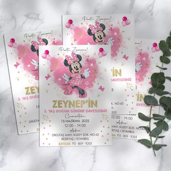 Minnie Mouse Temalı Doğum Günü Davetiyesi 8’li