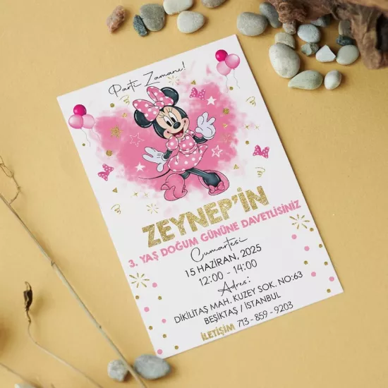 Minnie Mouse Temalı Doğum Günü Davetiyesi 8’li