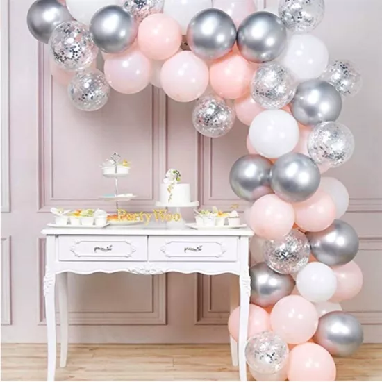 Pastel Pembe Beyaz Gümüş Krom Konfetili Balon