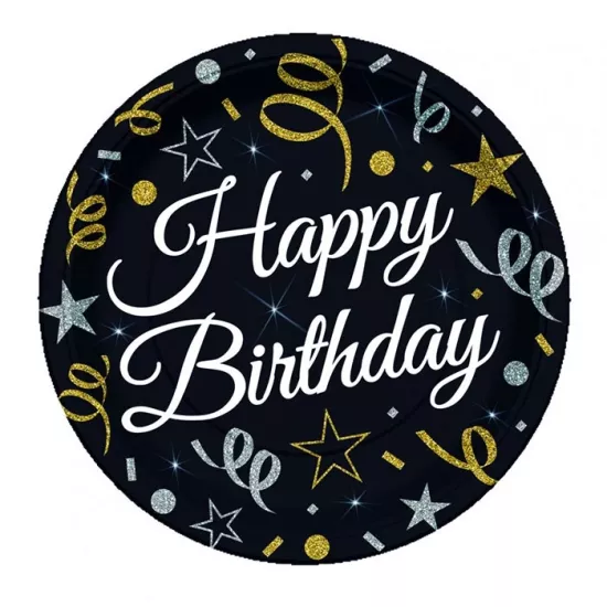 Happy Birthday Temalı Siyah Tabak 8 Adet
