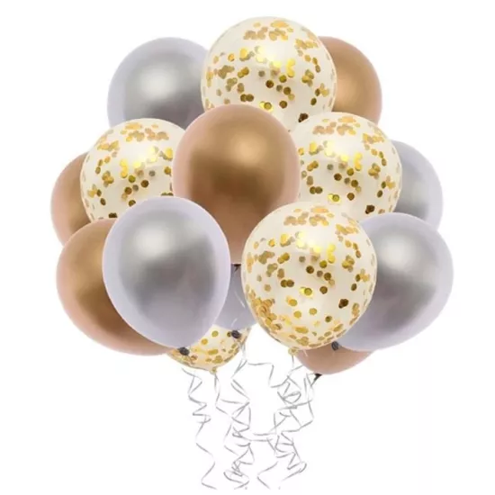 Gold Konfetili Gümüş Gold Krom Parlak Balon Seti