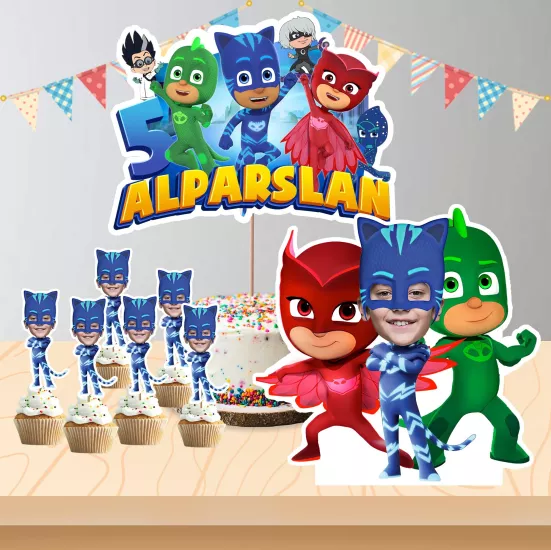 Kişiye Özel Pj Masks Temalı Pano ve Pasta Süsü