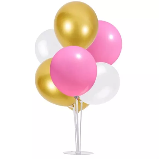 Ayaklı Balon Standı - Gold Pembe Beyaz Metalik